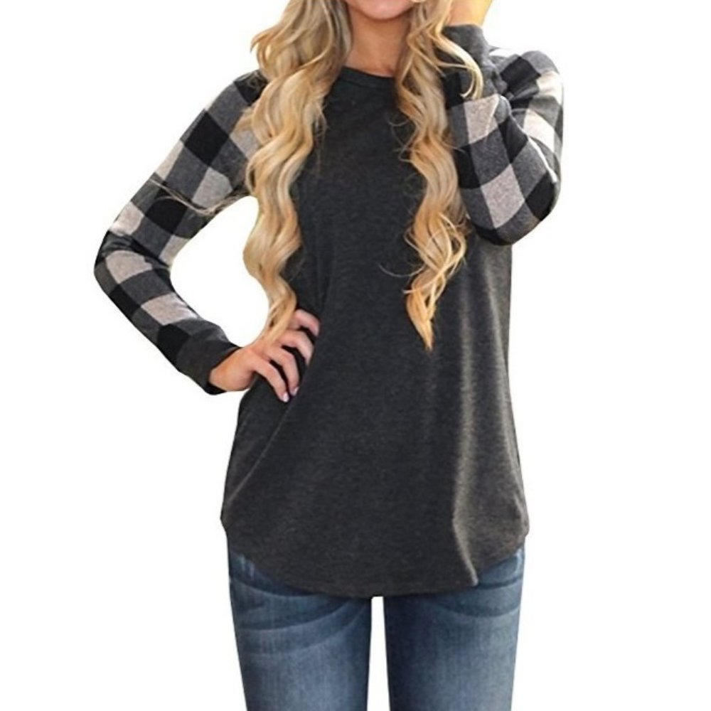 $5  Gray Buffalo Plaid Sleeve Gray Sweater